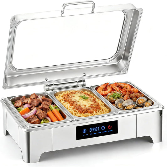 Maaltijd Chafing Dish, 9L roestvrij staal voedselwarmer met zichtbaar glazen deksel, 3 stuks roestvrij stalen warmhoudbakken voor feesten, bruiloften, buffet en feestjes (3 sets 1/3+1/3+1/3 GN