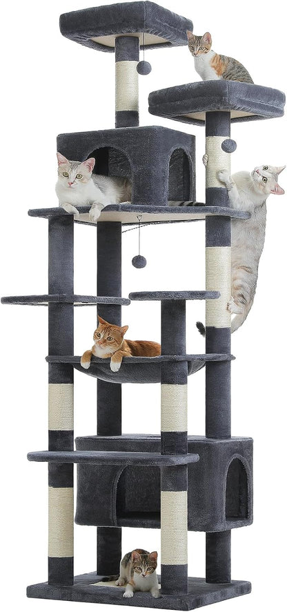 PAWZ Road Scratching Post for Large Cats, Stable 205 cm Scratching Post for Large Cats with Hammock, 7 Sisal Posts, Large Sitting Pole, Caves, Baskets, High Scratching Post for Indoor Cats, Dark Grey - QUORE