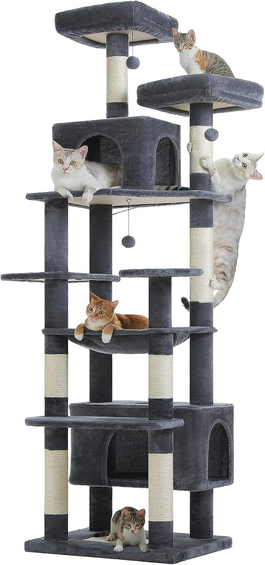PAWZ Road Scratching Post for Large Cats, Stable 205 cm Scratching Post for Large Cats with Hammock, 7 Sisal Posts, Large Sitting Pole, Caves, Baskets, High Scratching Post for Indoor Cats, Dark Grey - QUORE