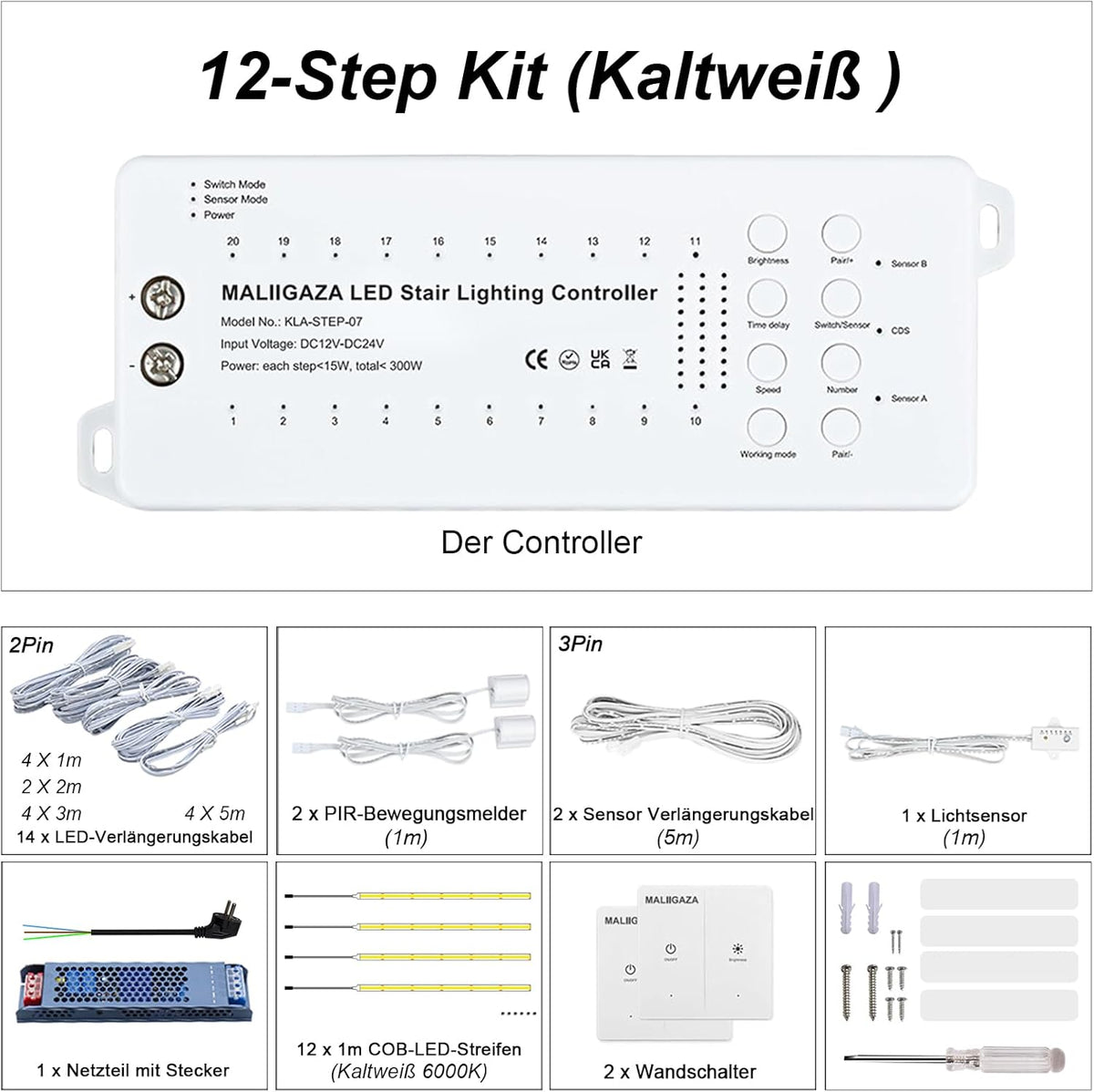 Intelligente led-traplichtset, 12 niveaus, bewegingsmelder, 2 x draadloze schakelaar, daglichtwit (6000 K), IP30, incl. voeding en verlengkabel