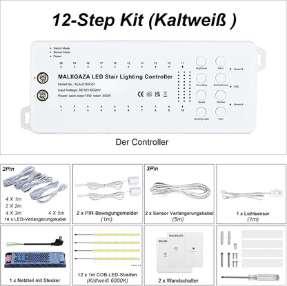 Intelligente led-traplichtset, 12 niveaus, bewegingsmelder, 2 x draadloze schakelaar, daglichtwit (6000 K), IP30, incl. voeding en verlengkabel