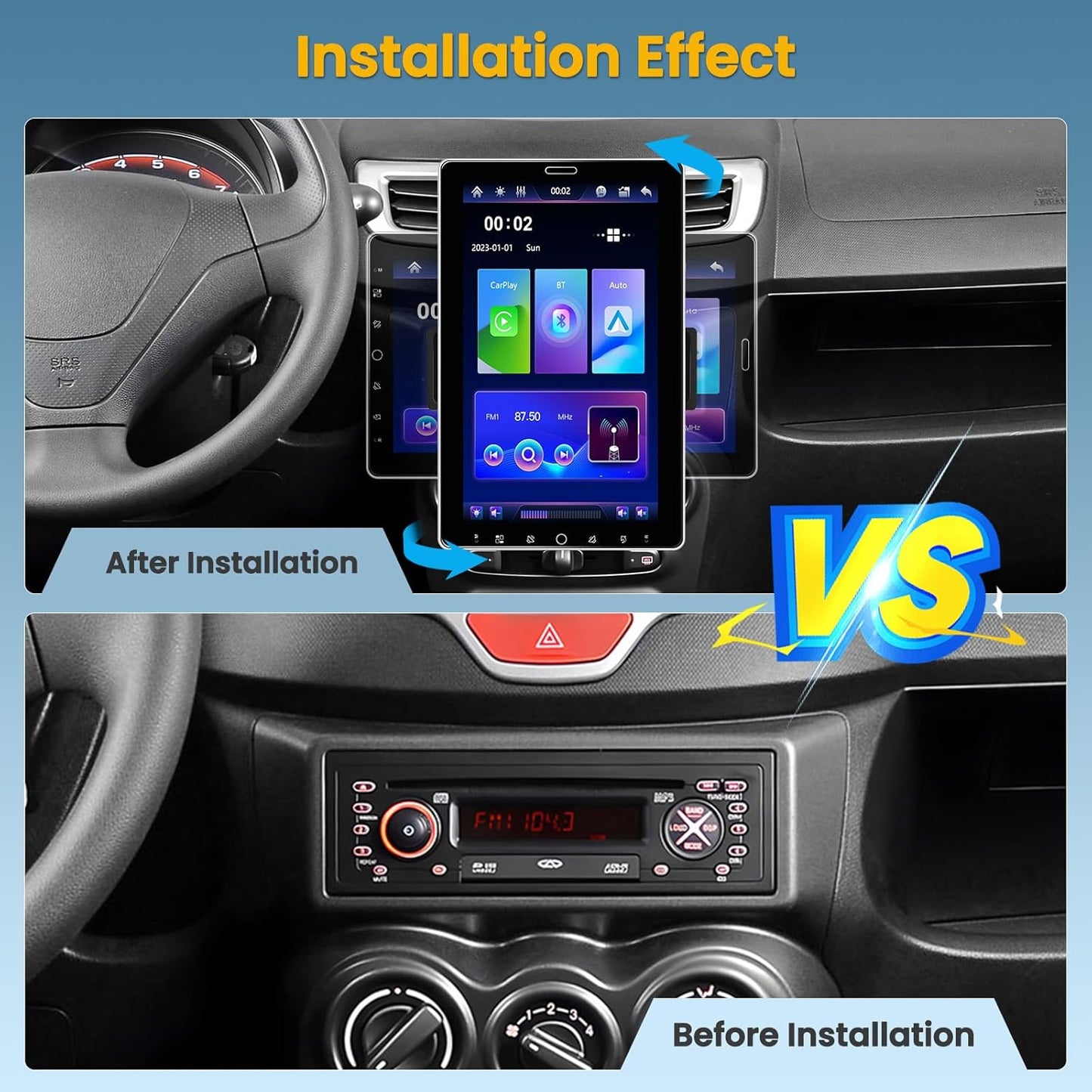 Hikity 1 Din Autoradio met 10,1 inch IPS draaibaar touchscreen, Bluetooth 5.2 Wireless Carplay Andriod Auto FM AM RDS radio met USB AUX IN TF Card EQ SWC autoradio achteruitrijcamera Mirror Link DVR