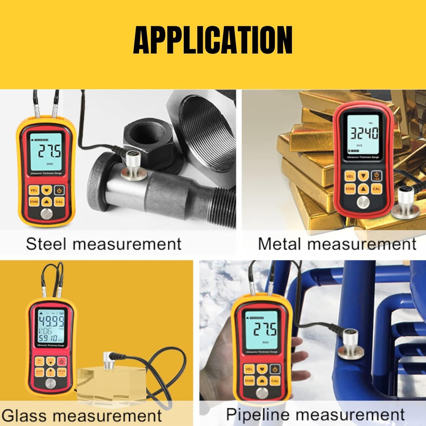 Thickness Meter, GM100 Digitale Ultrasone Diktemeter 1,2-300 Mm Staalbreedte, Laagdiktemeter, LCD-Scherm Met Vier Cijfers En 0,01 Mm Resolutie
