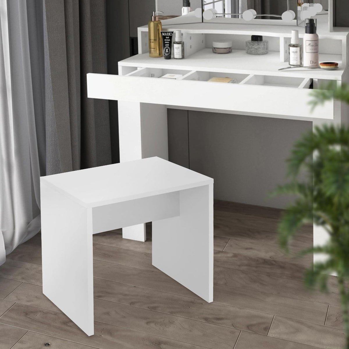 ML-Design Makeup Table with Folding Mirror and Stool, 100 x 40 x 140 cm, Modern White, with 2 Drawers, 3 Open Compartments, Dressing Table, Wooden Pane, Bedroom - QUORE
