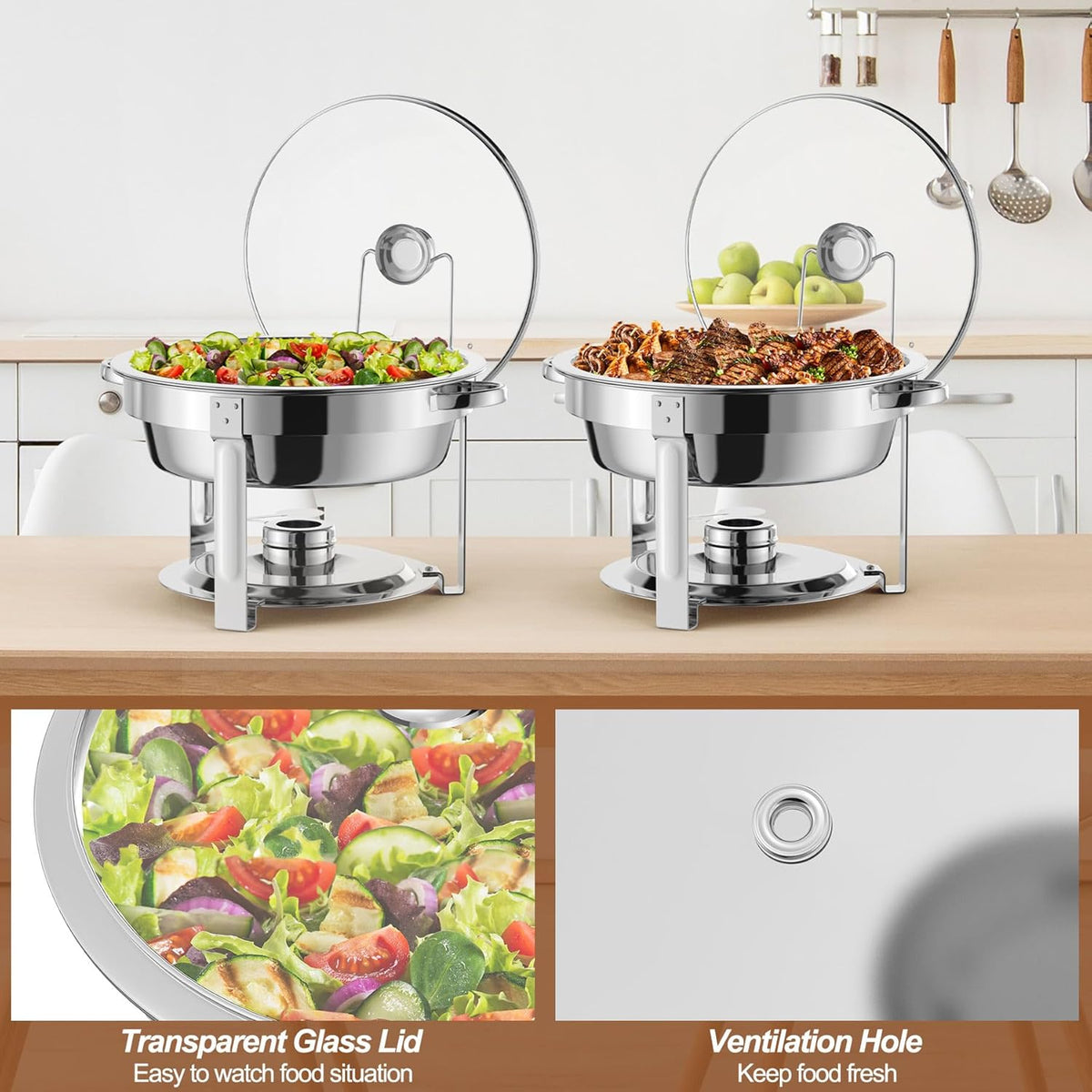 NArra 4-pack ronde 7,5 l Chafing Dish Buffet Set, voedselwarmer met glazen deksel, buffet warmer, roestvrij stalen buffet serveerborden, dikke catering hot pot voor feesten, bruiloften, picknicks