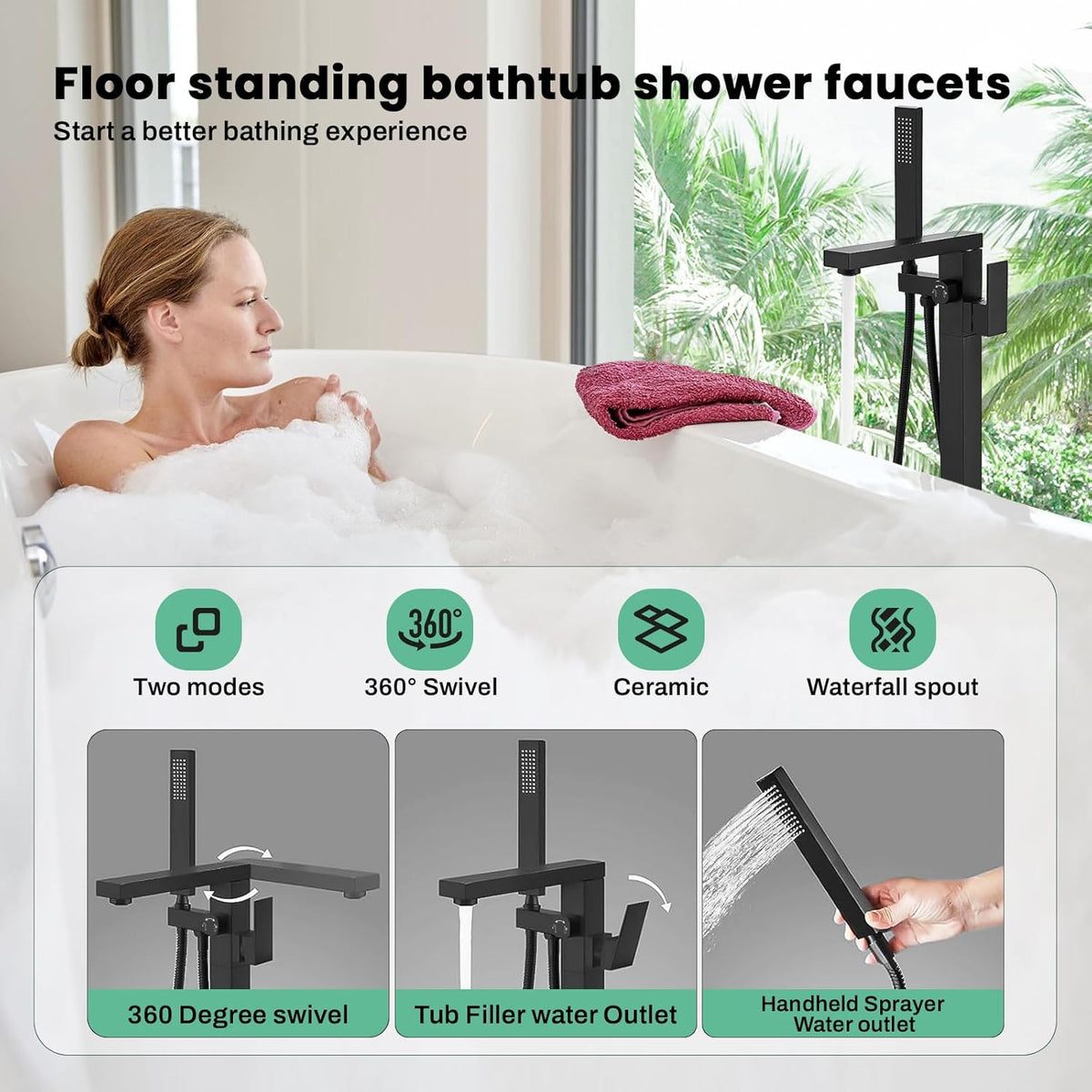FAHKNS Tub Filler Freestanding Bathtub Faucet Matte Black Floor Mounted Tub Filler Faucet High Flow Brass Tap With Hand Shower