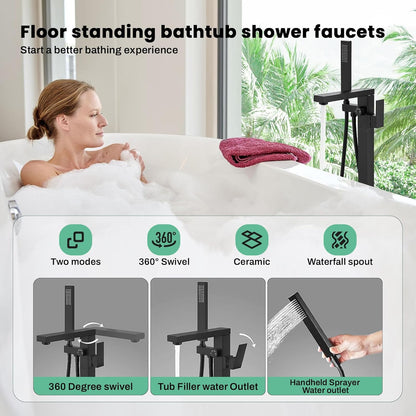 FAHKNS Tub Filler Freestanding Bathtub Faucet Matte Black Floor Mounted Tub Filler Faucet High Flow Brass Tap With Hand Shower