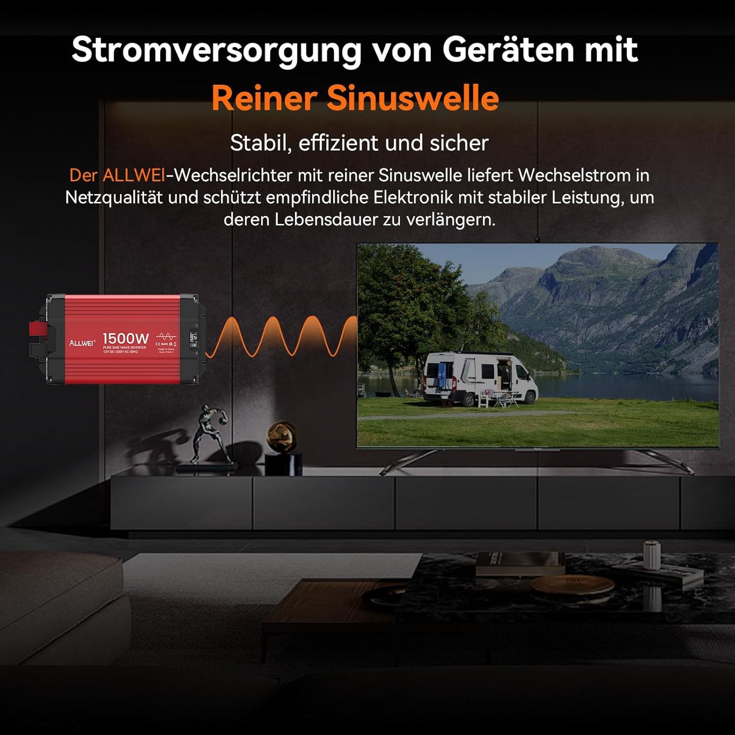 ALLWEI 1500 W zuivere sinus omvormer, 12 V naar 230 V, spanningsomvormer voor thuis, camper, vrachtwagen, netonafhankelijke zonne-installaties, omvormer, inverter 12 V 220 V, piekvermogen 3000 W