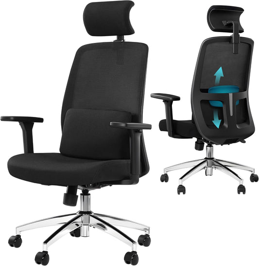 Hzuaneri Ergonomic Office Chair, Computer Chair, Gaming Chair, Mesh Chair, Adjustable Lumbar Support and Headrest, Maximum Load Capacity r150kg, Height Adjustable, Black ON00199B
