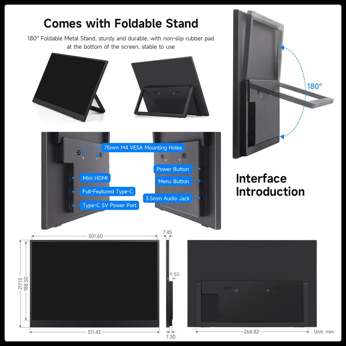 LUCKFOX 14" Portable Monitor with Stand - Plug&Play 1920x1200 WUXGA FHD Ultra Thin/Light USB-C HDMI Second Monitor 178° Viewing Dual-Track HiFi Speaker for Raspberry Pi/Jetson/PC/Game Console/Phone - QUORE