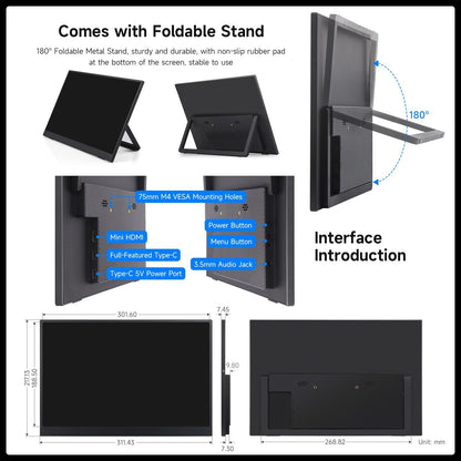 LUCKFOX 14" Portable Monitor with Stand - Plug&Play 1920x1200 WUXGA FHD Ultra Thin/Light USB-C HDMI Second Monitor 178° Viewing Dual-Track HiFi Speaker for Raspberry Pi/Jetson/PC/Game Console/Phone - QUORE