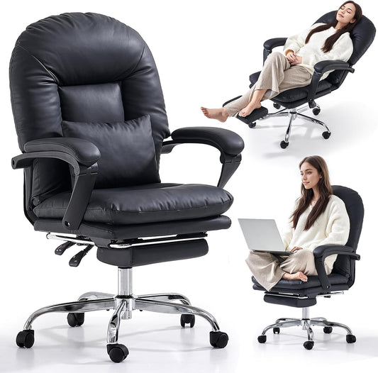 EMIAH Ergonomic Office Chair with Footrest, Crisscross Chair with Wheels, Adjustable Executive Chair, Center Back, PU Leather Swivel Office Chair Lumbar Support for Home Office (Black)