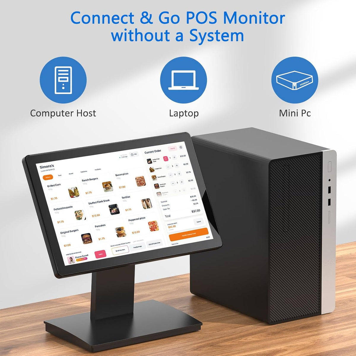 15 inch touchscreen POS-monitor, HDMI/VGA capacitieve schermweergave met zware metalen standaard voor winkels, restaurants, bar, sportschool, magazijn en kassasystemen