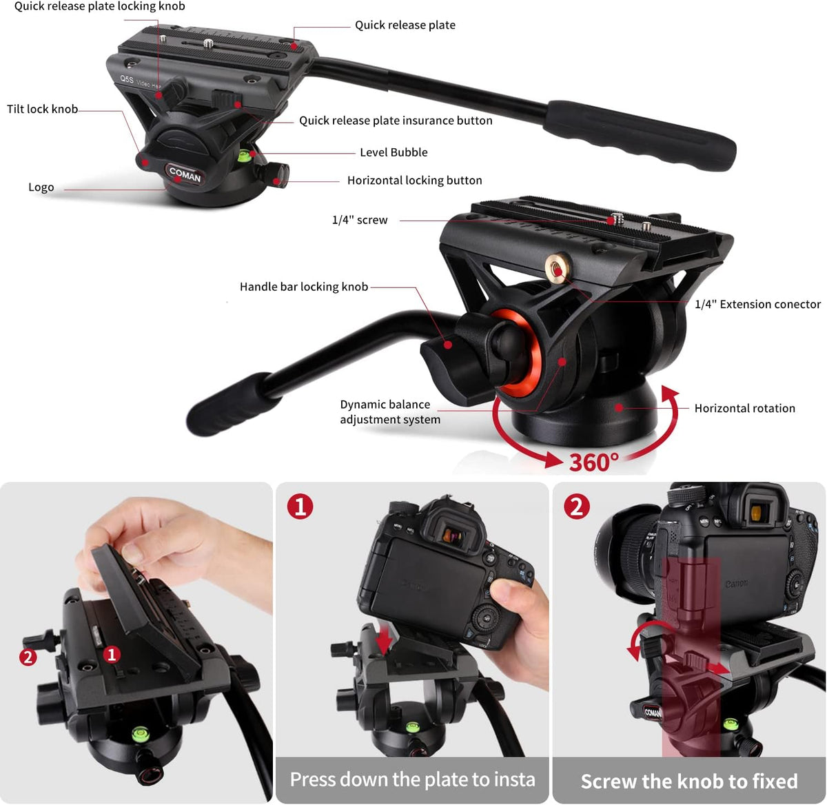 COMAN Camerastatief, 188 cm, robuust statief voor professionele videocamera's, draagtas, 8 kg, inclusief snelwisselplaat, fotostatief, statief