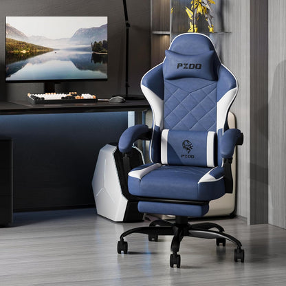 Gaming Stoel – Gamestoel – Bureaustoel – Computerstoel – Werkstoel – Ergonomisch Zitcomfort met Pocketveren en Natuurlijk Latex – Verstelbare Rugleuning en Voetensteun (Blauw)