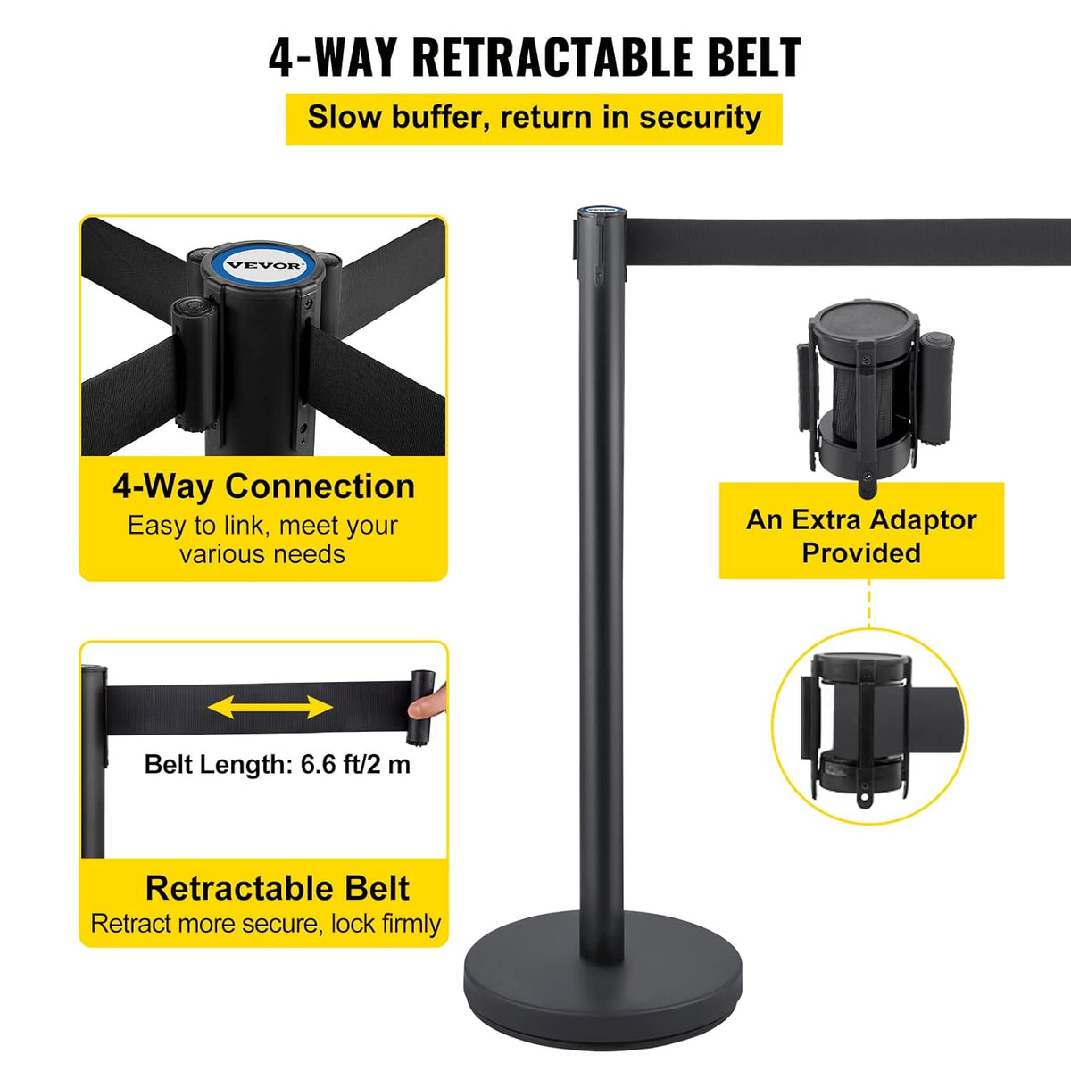 VEVOR Queue Rope Barrier Post Crowd Control Barrier Set 8 Pcs. 2m Black Tire, Barriers for Crowd Control Queue Line Stanchion Queue Dividing Controlling for Theatres Public Places