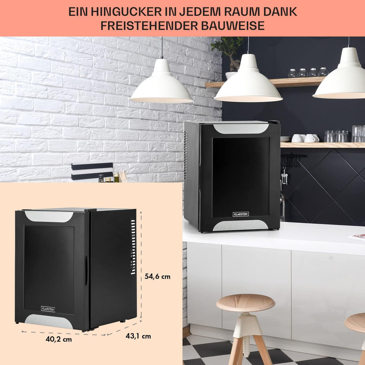 Minikoelkast – Minibar – Drankkoeler – Koelkastje – Kleine Koelkast – 32 Liter – Fluisterstil 33 dB – LED Binnenverlichting – 5-Traps Temperatuurregeling – Zwarte Decoratieve Deur