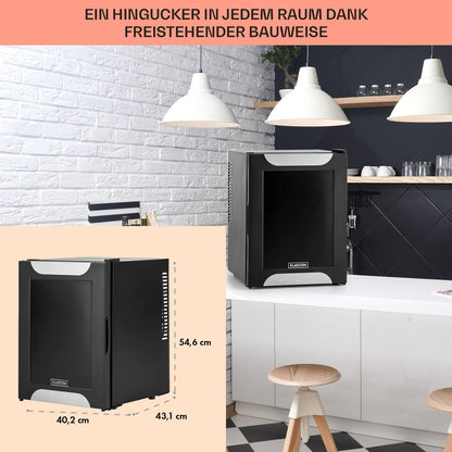 Minikoelkast – Minibar – Drankkoeler – Koelkastje – Kleine Koelkast – 32 Liter – Fluisterstil 33 dB – LED Binnenverlichting – 5-Traps Temperatuurregeling – Zwarte Decoratieve Deur