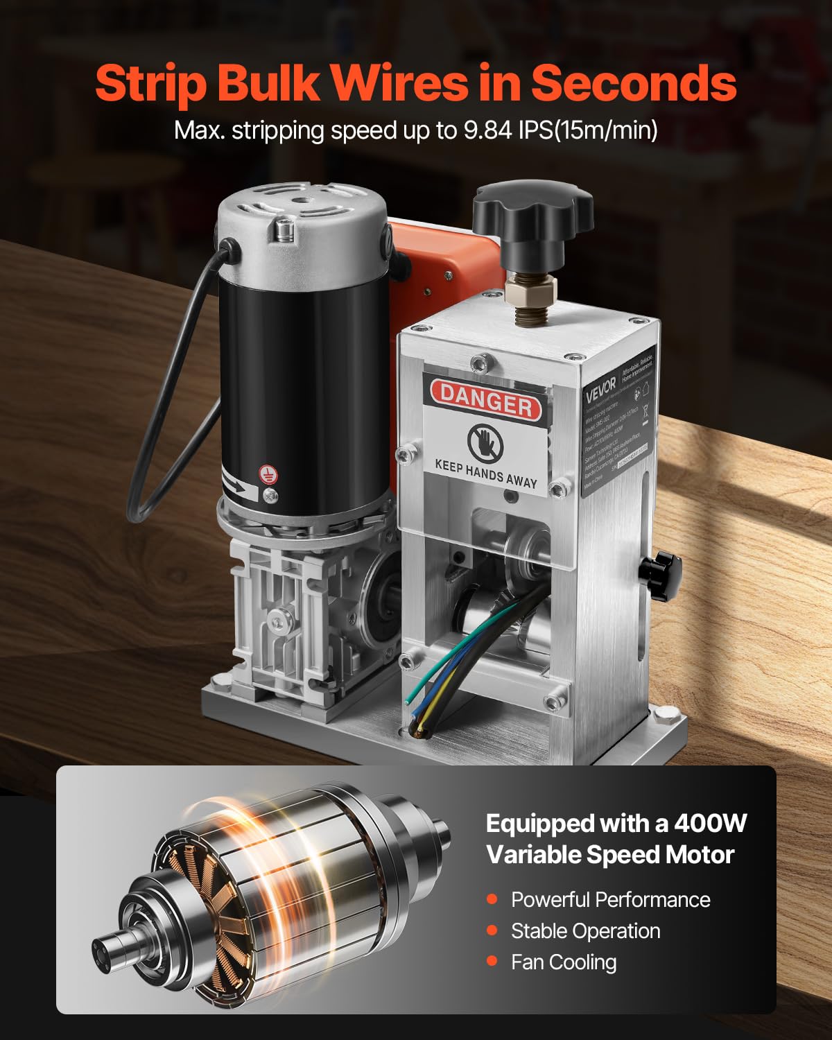 VEVOR Electric Stripper Machine, 1.5-40mm, 400W, Motorized Cable Stripper, 9.84 IPS (15m/min) Wire Peeler with Knives, V Shaped Wheels, Cooling Fan, Cable Peeler