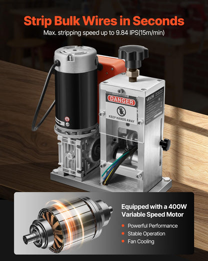 VEVOR Electric Stripper Machine, 1.5-40mm, 400W, Motorized Cable Stripper, 9.84 IPS (15m/min) Wire Peeler with Knives, V Shaped Wheels, Cooling Fan, Cable Peeler