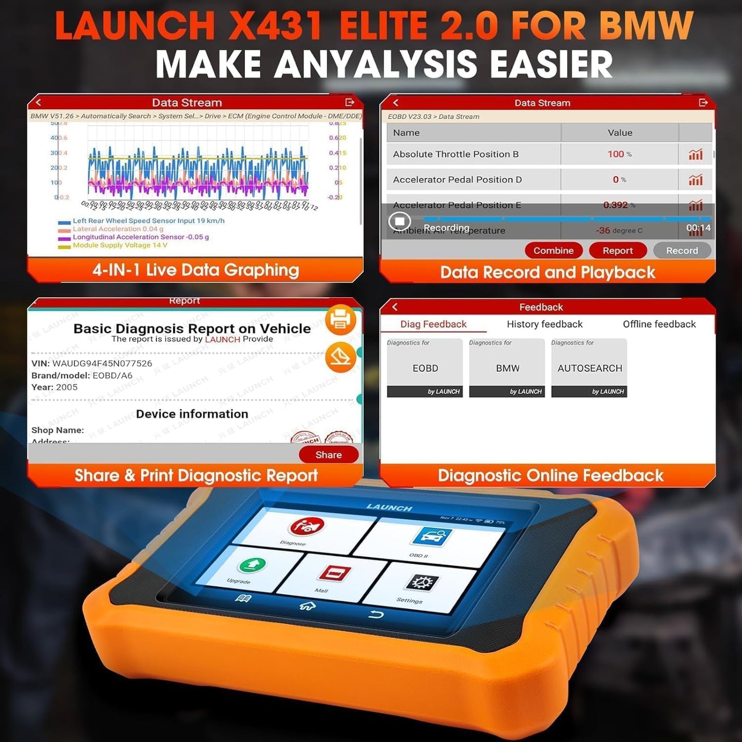 LAUNCH X431 Creader Elite 2.0 OBD2 Diagnostisch Hulpprogramma voor BMW/voor Mini/voor Rolls Royce Zelfde Functie als LAUNCH X431 Diagnostisch Hulpprogramma, Volledige Systeem, 50 + Reset, Actieve Test - QUORE
