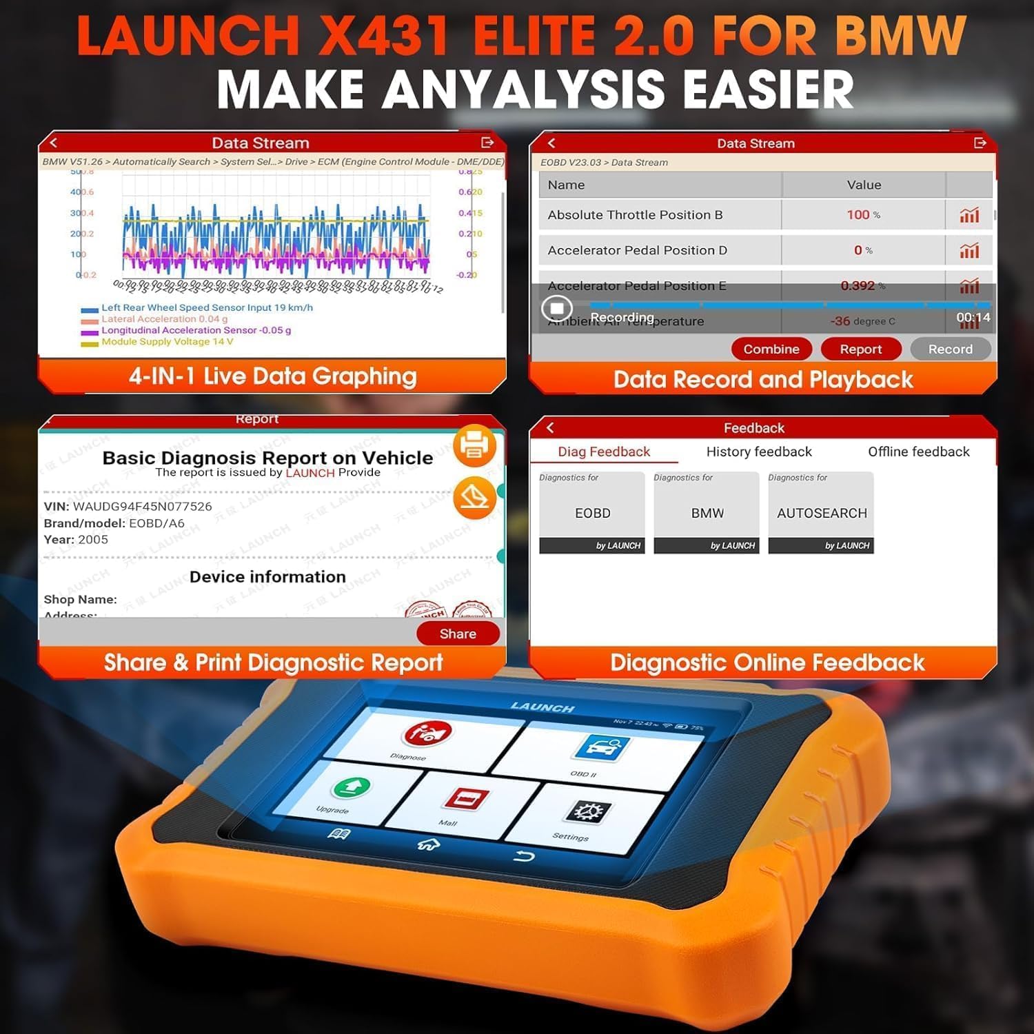 LAUNCH X431 Creader Elite 2.0 OBD2 Diagnostisch Hulpprogramma voor BMW/voor Mini/voor Rolls Royce Zelfde Functie als LAUNCH X431 Diagnostisch Hulpprogramma, Volledige Systeem, 50 + Reset, Actieve Test - QUORE