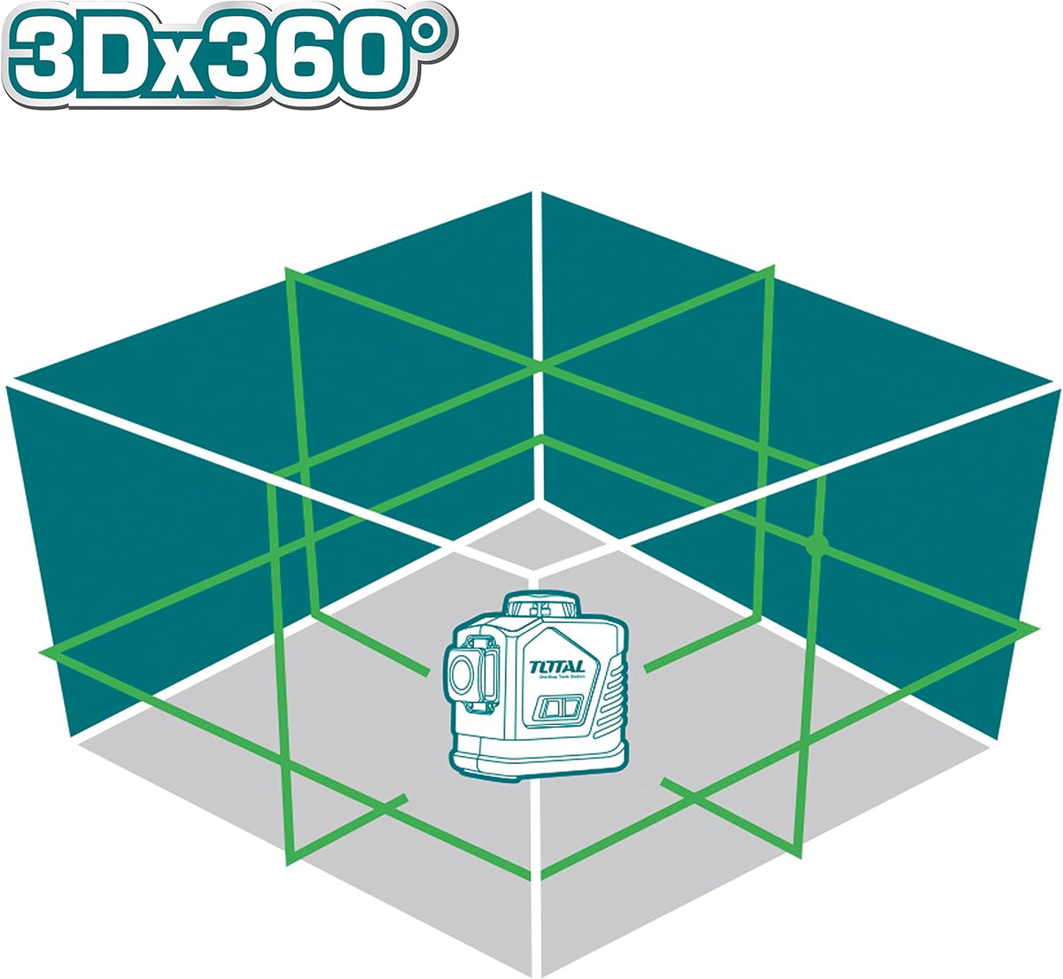 TOTAL - 3D Laserwaterpas - 360° bereik - Met groene laserpointer - Bereik tot 30 m - Inclusief veiligheidsbril, houder en robuuste koffer