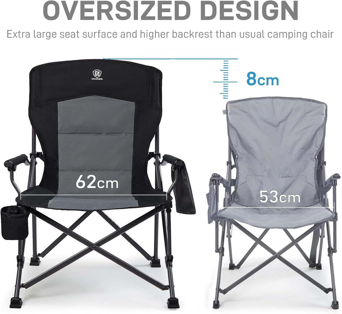 EVER ADVANCED Campingstoel voor volwassenen, set van 2 extra grote 230 kg, klapstoel voor zware mensen met zijvak, extra breed met harde armleuning, opvouwbaar, voor tuin, vissen, outdoor, inklapbaar