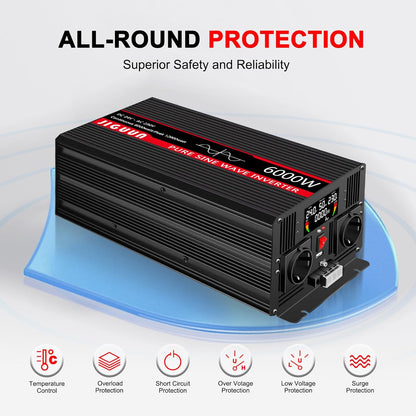 JIGUUN 6000W/12000W omvormer 24V naar 230V zuivere sinus power inverter met draadloze afstandsbediening LCD-scherm 2 Eu-stopcontact & 1 USB-poort voor auto, camping, reizen,noodgeval
