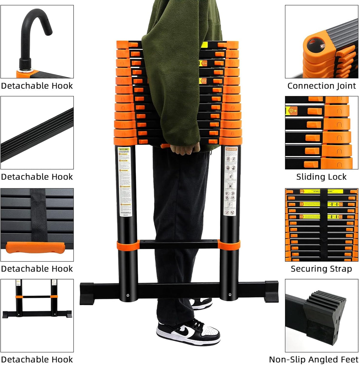 Telescopische ladder, 5 m, uittrekbare ladder, vouwladder, staande ladder, antislip, multifunctionele ladder, huishoudladder