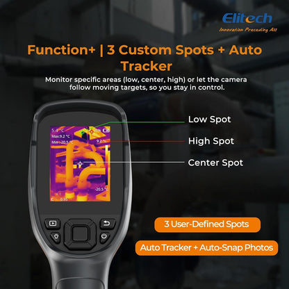 Elitech Warmtebeeldcamera 256 x 192 IR-resolutie, 25 Hz vernieuwingssnelheid, 2 MP zichtcamera, 3,5 inch LCD-display, IP54 water- en stofdicht, USB-C, -20 °C tot 550 °C, voor elektriciens, HVAC en