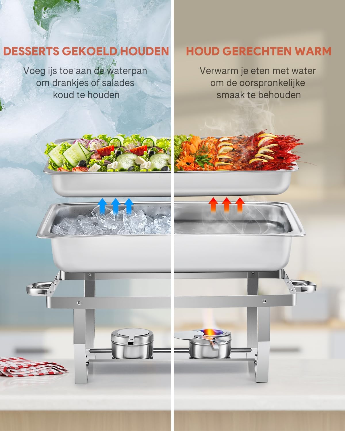 Wilprep Chafing Dish, 9L, 4 stuks roestvrijstalen warmhouders, warmhouders, roestvrij staal buffetset voor catering, buffet en feest (zilver)
