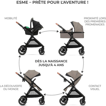 Kinderkraft ESME Mink Pro I-Size 3-in-1 autostoel met draagzak, reissysteem, babybuggy, opvouwbare kinderwagen, voor pasgeborenen tot 4 jaar, beige