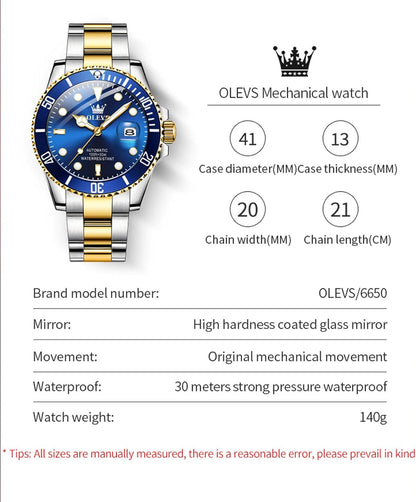 OLEVS Heren Horloge Grote Gezicht Datum Waterdicht Mechanisch Horloge Rvs Night Glow Luxe Volautomatische Mechanische Horloge