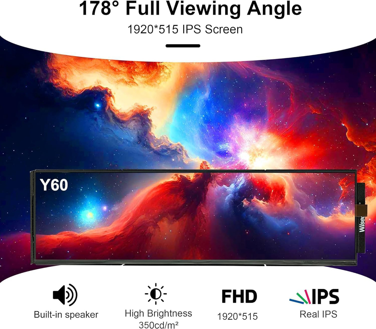 12.6 Inch Bar Lcd scherm HDMI Display Monitor 1920x515 IPS DIY Kits Dual Ingebouwde Speakers voor Hyte Y60 Computer Gaming PC Case CPU GPU Secundaire Monitor Eenvoudig te installeren Zwart