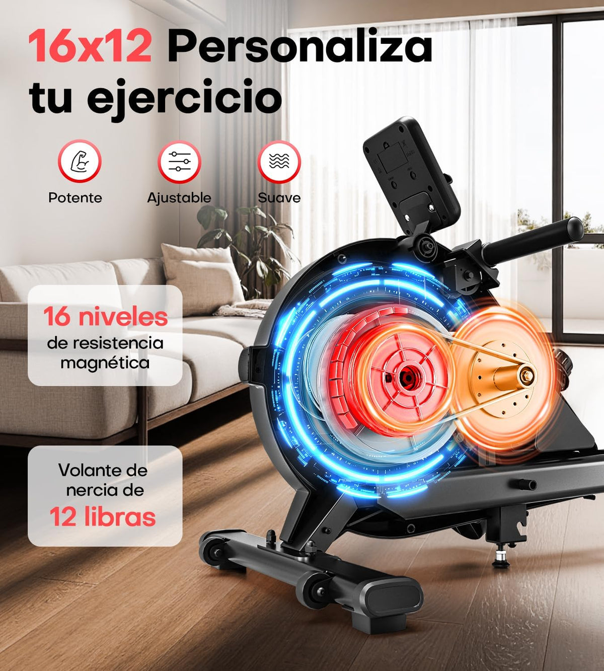 Home Rowing Machine, Magnetic Rowing Machine with Upgrade, Dual Slide Rails, App Connection, 16 Resistance Levels, LCD Data Display, Maximum Load 160 kg, Rowing - QUORE