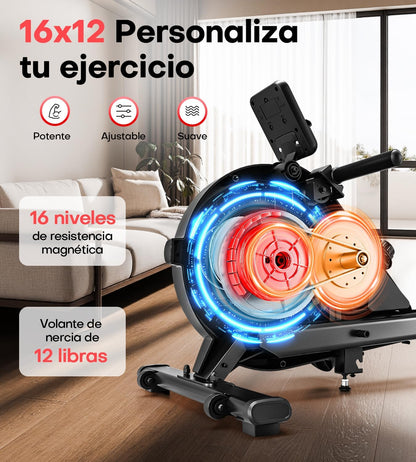 Home Rowing Machine, Magnetic Rowing Machine with Upgrade, Dual Slide Rails, App Connection, 16 Resistance Levels, LCD Data Display, Maximum Load 160 kg, Rowing - QUORE