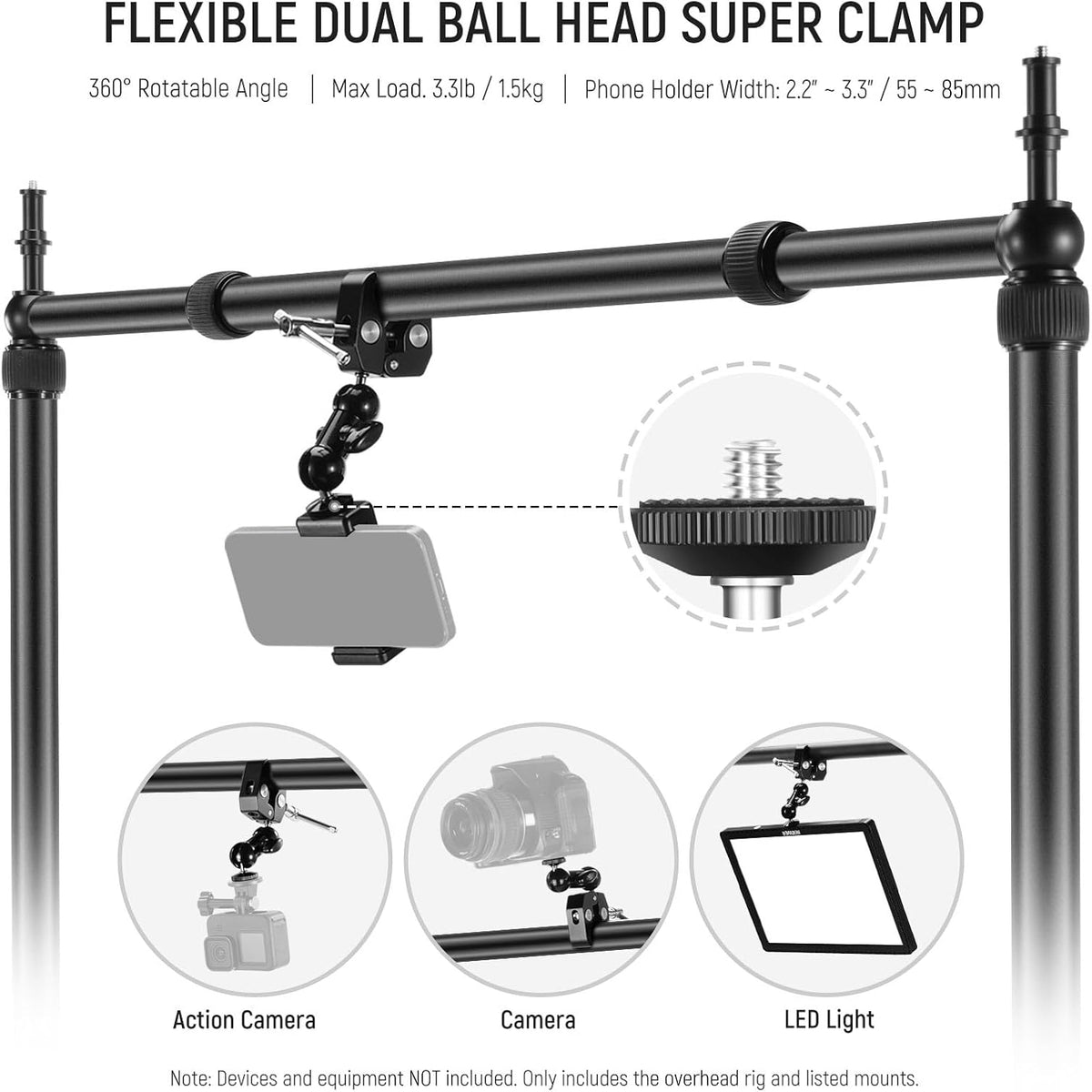 NEEWER NK002 Overhead Camera Mount Rig Platform met Telefoonhouder/2 Balhoofden/Armen/Super Klem/Reinigingsdoek voor Mic Webcam, Bureau Stand met Verstelbare Hoogte Breedte, Max Belasting 26lb/12kg