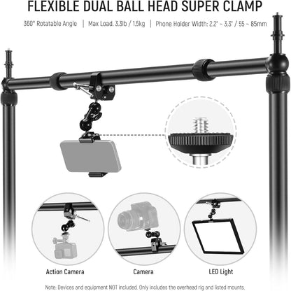 NEEWER NK002 Overhead Camera Mount Rig Platform met Telefoonhouder/2 Balhoofden/Armen/Super Klem/Reinigingsdoek voor Mic Webcam, Bureau Stand met Verstelbare Hoogte Breedte, Max Belasting 26lb/12kg