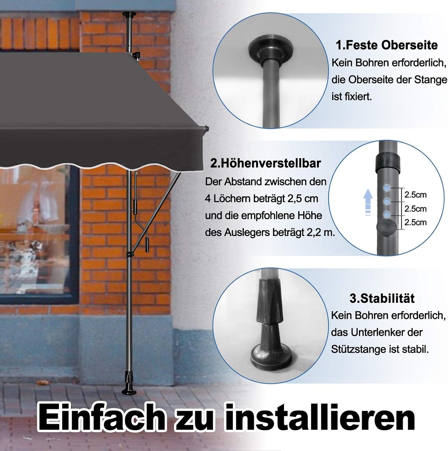 Klemluifel – Zonnescherm – Luifel – Balkonluifel – Overkapping – Verstelbaar 2-3m – Water- en UV-bestendig polyester – Zonder Boren te Bevestigen - QUORE