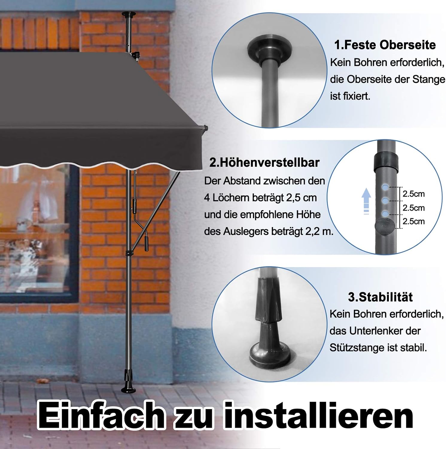 Klemluifel – Zonnescherm – Luifel – Balkonluifel – Overkapping – Verstelbaar 2-3m – Water- en UV-bestendig polyester – Zonder Boren te Bevestigen - QUORE
