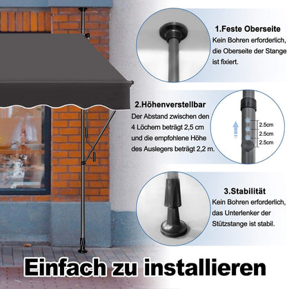 Klemluifel – Zonnescherm – Luifel – Balkonluifel – Overkapping – Verstelbaar 2-3m – Water- en UV-bestendig polyester – Zonder Boren te Bevestigen - QUORE