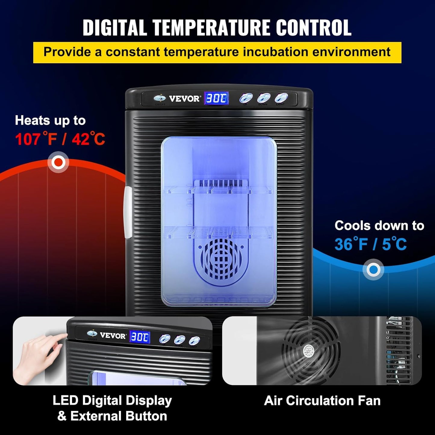 Happybuy Scientific Lab Incubator, 25 Litres, Cooling and Heating, 5-60°C, 12V/110V, Works for Small Reptiles, Black - QUORE