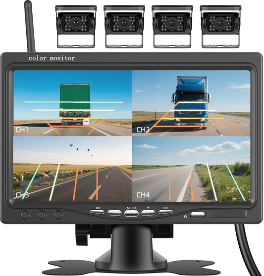 1080P Kabelloses Rückfahrkamerasystem für Wohnmobile, 7-Zoll-Rückfahrkameramonitor für 4 Kanäle mit wasserdichter IP69-Nachtsicht-Front-/Rückfahrkamera für LKW/Wohnmobil/Van/SUV/Pickup mit BSD