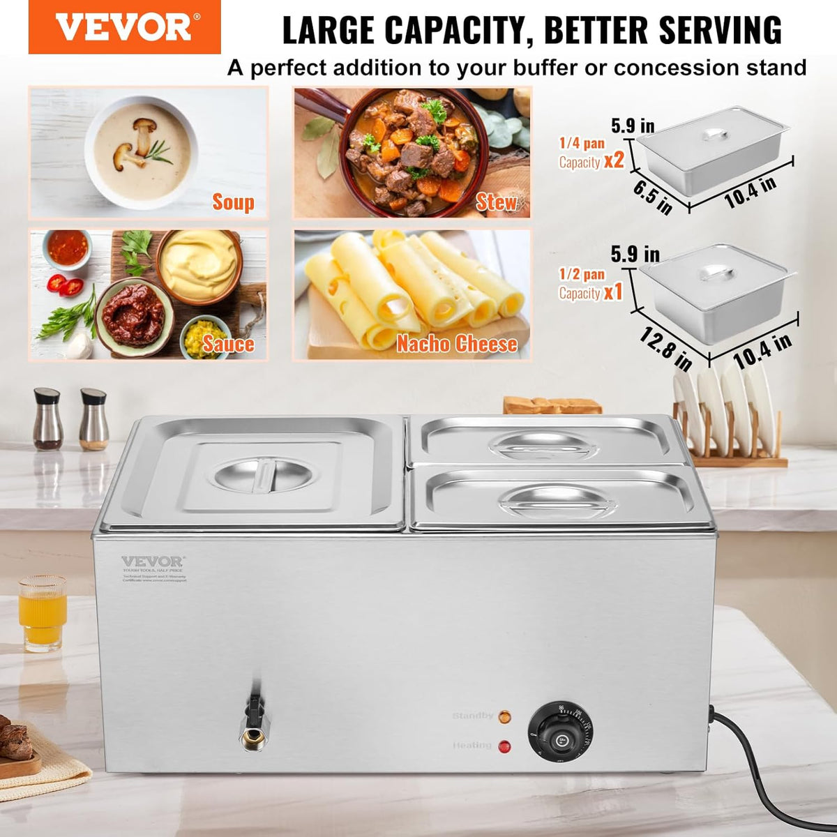 VEVOR Dressoir met 3 bakken, elektrische badkuip, 16 l, 1200 W, verwarmd dressoir van roestvrij staal, instelbare temperatuur 30-85 °C, voor het verwarmen van levensmiddelen, catering, avond, feest