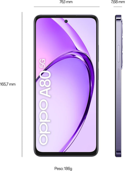 OPPO A80 5G Smartphone, AI dubbele camera 50 + 2 MP, selfie 8 MP, display 6,67 inch 120 Hz LCD HD+, 5100 mAh, RAM 16 GB (8 + 8) + ROM 256 GB (esp1TB), IP54, autohouder [Italiaanse versie], Moonlight