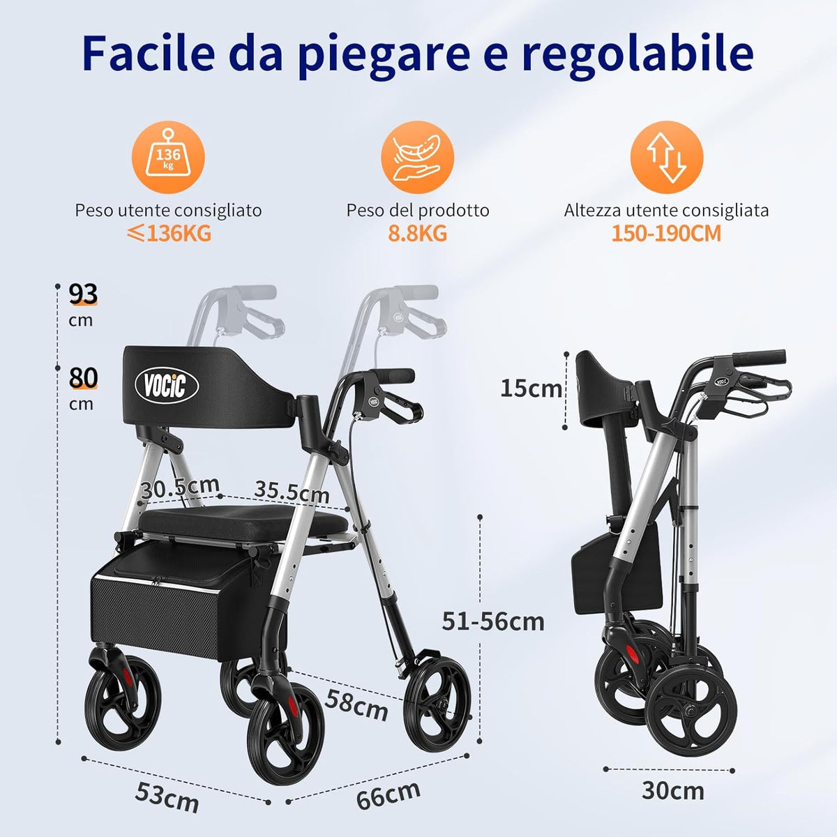 VOCIC Rollator, opvouwbaar en licht, met zitje, Rollators Smal voor woning, Rollatoren voor senioren Opvouwbaar met 20 cm banden voor alle terreinen, zitje en handvat in hoogte verstelbaar, zilveren