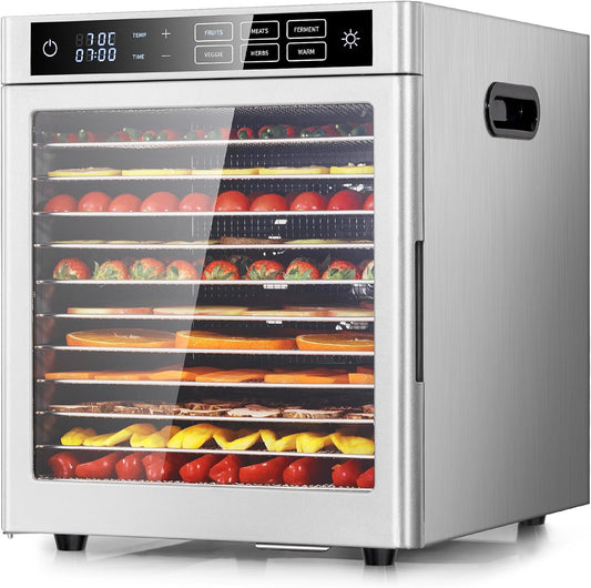 Kwasyo Voedseldroger met 12 etages, roestvrij staal, 6 voorinstellingen voor fruit, groenten, vlees, bloemen, temperatuurregeling van 85 °C, 24 timers, 800 W droogautomaat, recept inbegrepen
