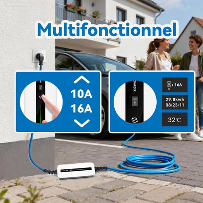 Type 2 EV-oplader, Modus 2 10/16A Oplaadkabel elektrische auto met Schuko-stekker voor IEC 62196-2 standaard Electrisch voertuig (6m kabel, 220-240V, Max 3.6kW)