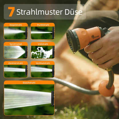 Slanghaspel, 25 m + 2 m, slanghaspel met oprolmechanisme, 180 graden draaibaar, wandslangbox met vergrendelingsstop en sproeikop met 7 patronen, voor tuinirrigatie en autowassen
